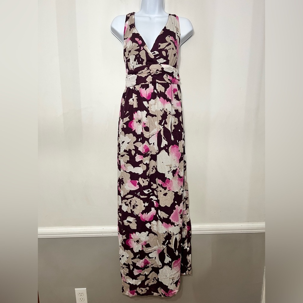 Old Navy Dress Maxi‎ Dark Purple Floral Babydoll Empire Flowy Tropical Resort 10